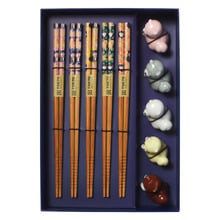 5 Pair Bamboo Chopsticks with Dog Rests Gift Set
